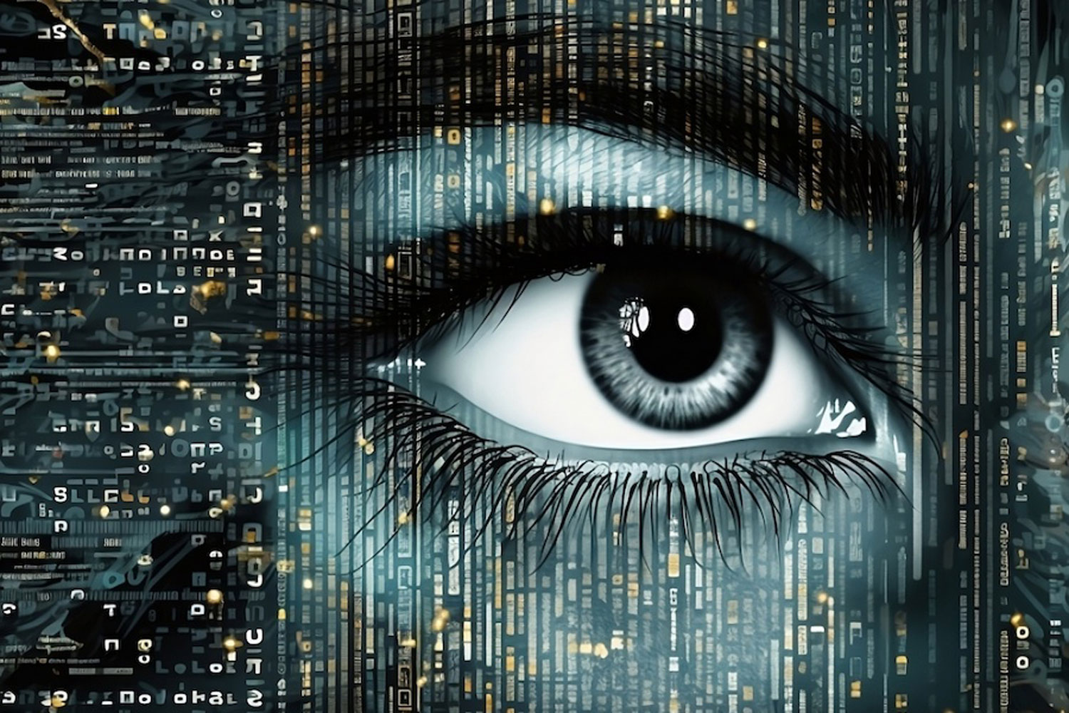 close up of eye with computer data